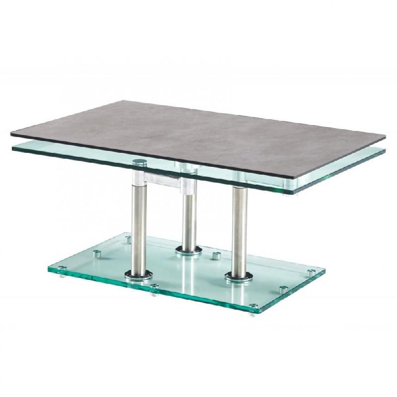 TABLE BASSE MATCH CERAMIQUE CIMENT 2 PLATEAUX PIVOTANTS EN VERRE PIÉTEMENT CHROME_0