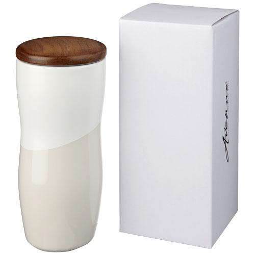 Gobelet publicitaire à double paroi 370 ml Reno - céramique et bois - design mat et brillant_0
