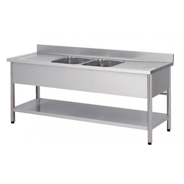 Plonge démontable avec pieds ronds - étagère inox AISI 304 - 2 bacs et 2 égouttoirs - profondeur 700 mm_0
