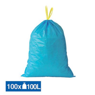 Sacs poubelle déchets lourds poignées coulissantes bleus 100 L, lot de 100_0
