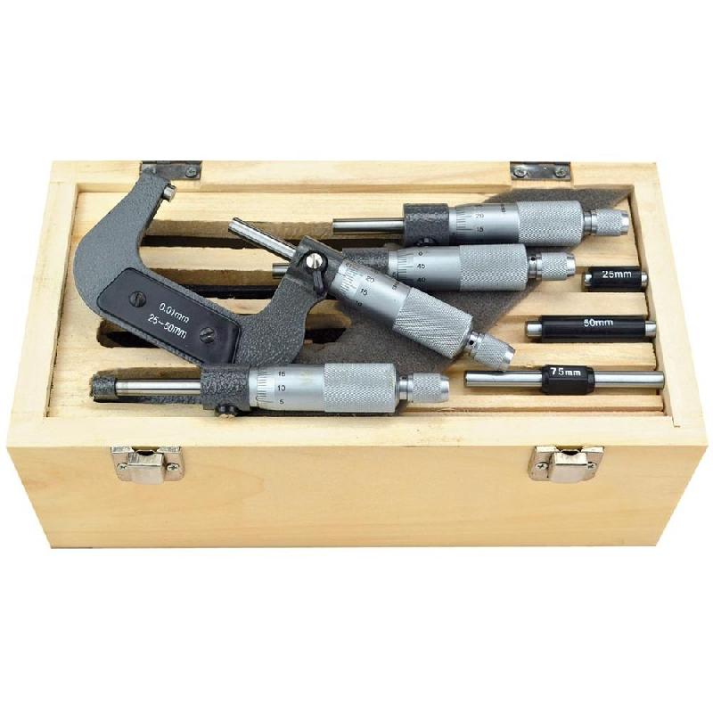 Coffret de micromètres d'extérieur - 0-100 mm - mécanique avec touches carbures et coffret en bois_0