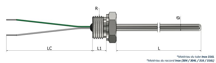 Thermocouple à visser - Raccord fixe avec fils libres (Type 2) - TR02 - Type K, N, J, T, E, R, S, B_0
