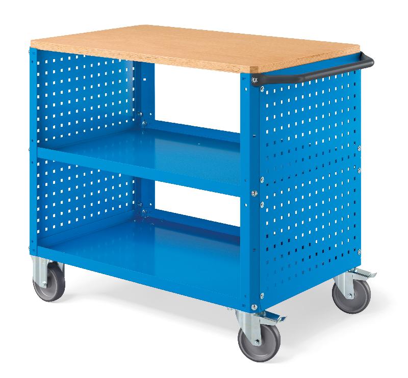 Desserte L5 bleue - 3 niveaux + 2 côtés avec panneaux perforés - Roues pivotantes à frein Ø125mm_0