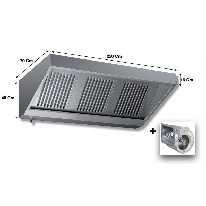 Hotte murale professionnelle inox dynamique - VD 725 - 2500x700x450mm - avec moteur et 4 filtres_0