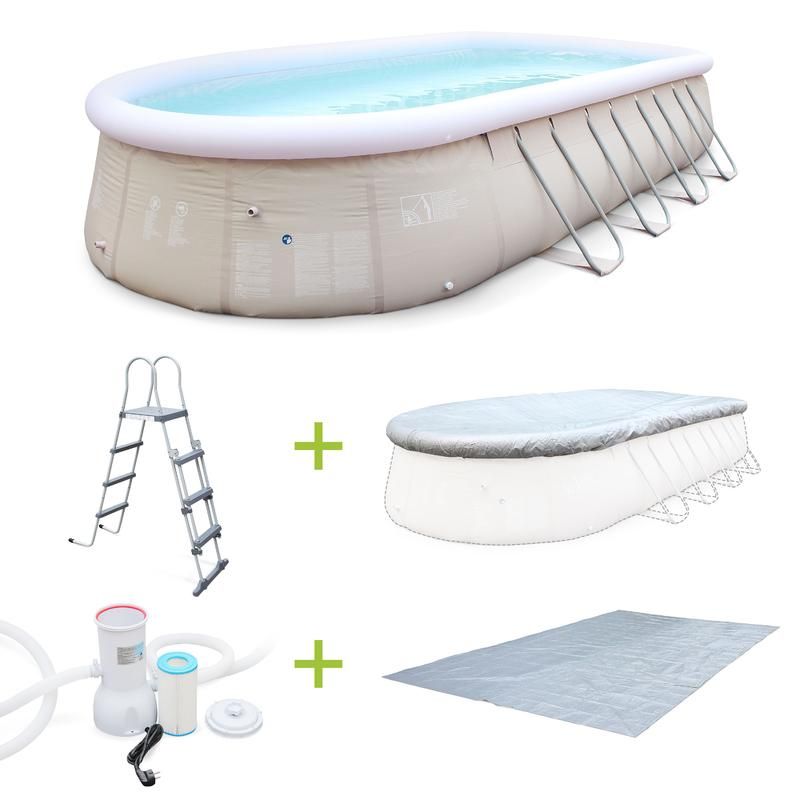 KIT PISCINE GÉANTE SAPHIR 7,3X3,6M GONFLABLE GRISE, AUTOPORTANTE OVALE, POMPE, BÂCHE, TAPIS, ÉCHELLE - ALICE'S GARDEN