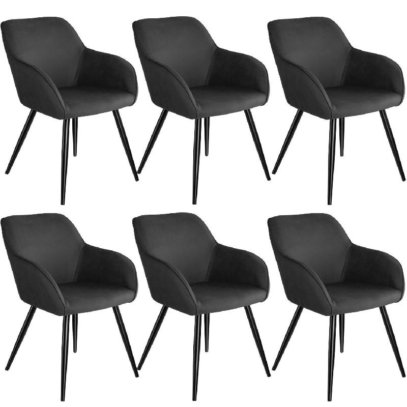 Lot de 6 chaises design élégant - Pieds noirs - Siège en tissu anthracite - Pour salon, cuisine et salle à manger - Réf 08_0000055_0