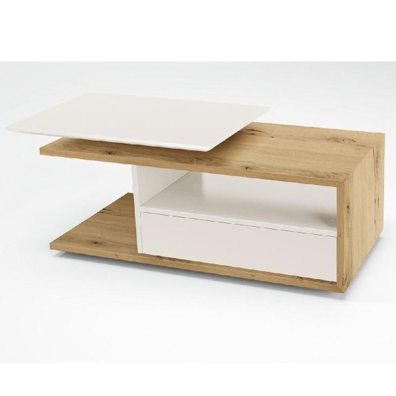 Table basse relevable avec tiroir ESSEN 110x65 cm - Chêne poutre et intérieur laqué blanc mat_0