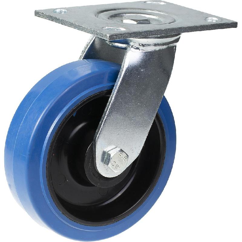 Roulette pivotante de 125 mm avec caoutchouc élastique bleu sur roue centrale en nylon_0