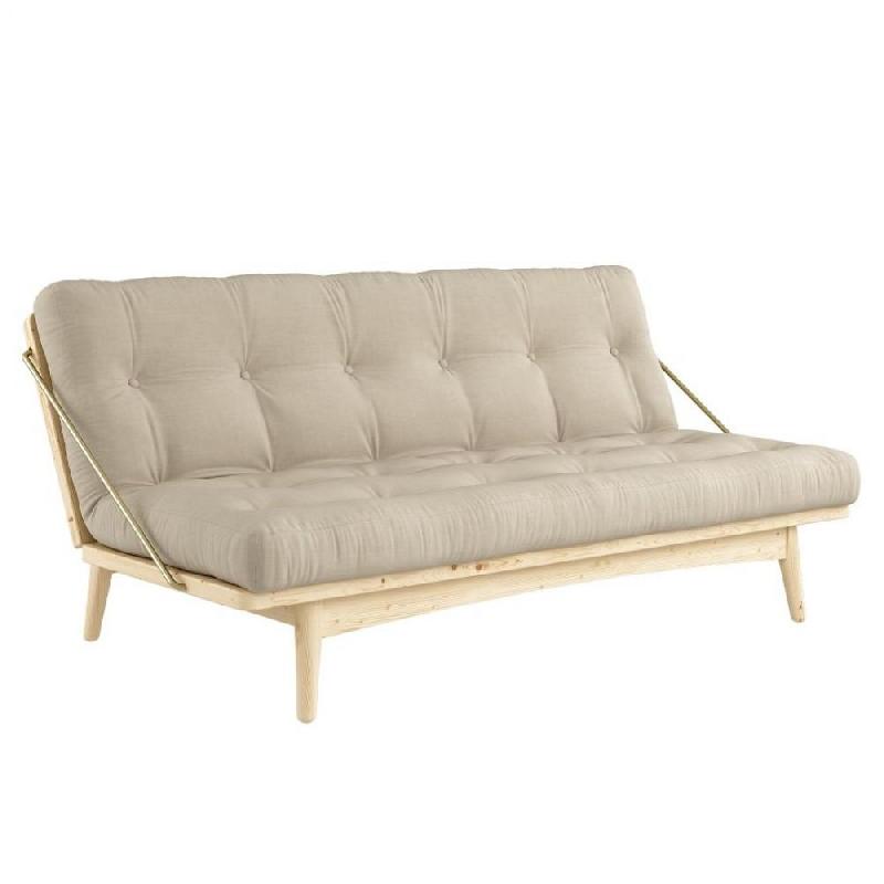 BANQUETTE FUTON FOLK EN PIN MASSIF COLORIS BEIGE COUCHAGE 130 X 190 CM._0