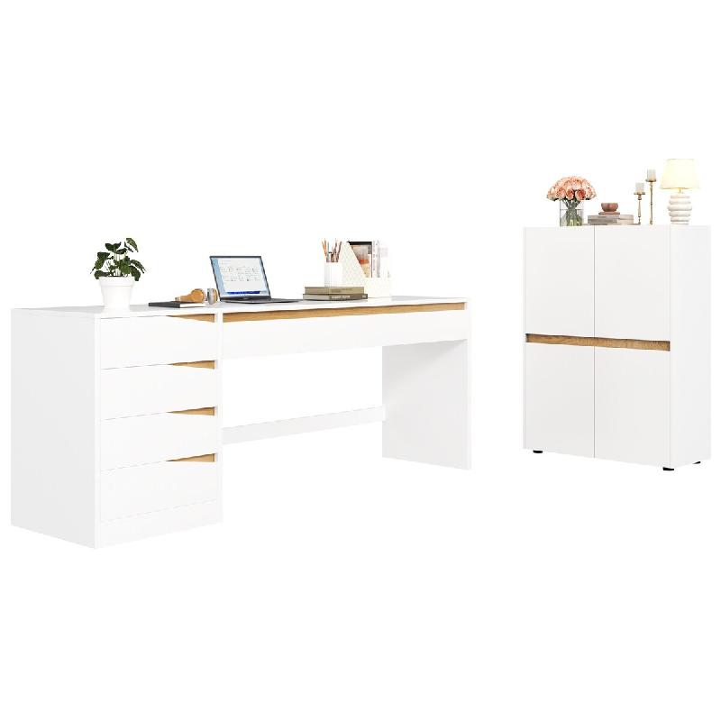 Merax Ensemble bureau 2 pièces, bureau 140 x 50 x 78 cm et armoire 90 x 40 x 110 cm, blanc/chêne - multicolore Bois manufacturé N880P479012W-SET_0