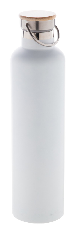 Thermos en inox à double paroi - 1000 ml - couvercle bambou et accroche métal - blanc_0