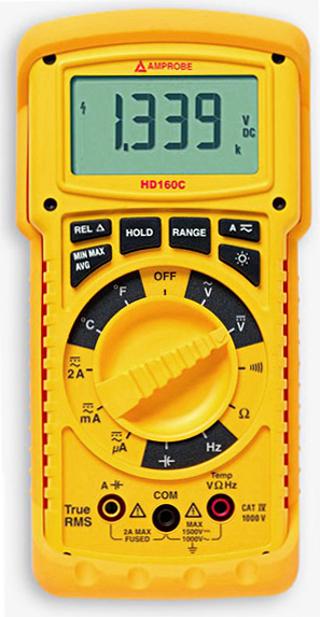 MULTIMÈTRE NUMÉRIQUE PORTABLE TRMS, 1000V/2A AC, 1500V/2A DC, IP67, CAT IV1000V - AMPHD160C