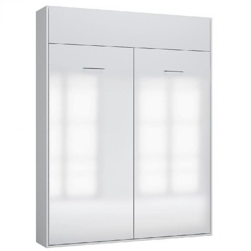 Armoire lit escamotable ultra plate Dynamo - Blanc mat et brillant effet miroir - Couchage 160x200 cm avec ouverture assistée_0