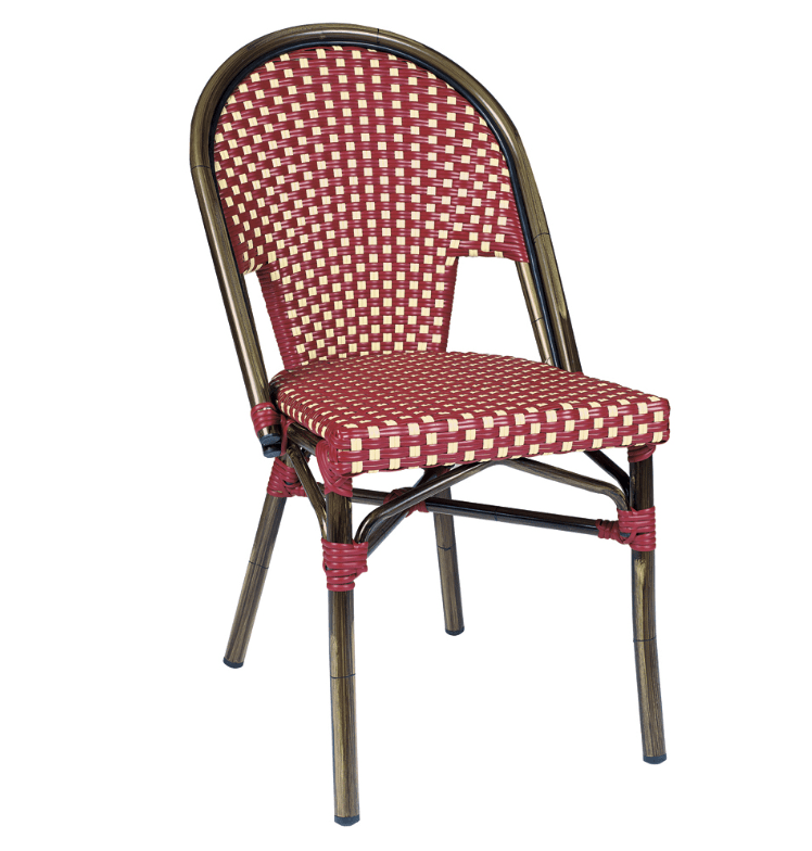 Chaise de terrasse TIVOLI - tressage rouge et crème - style parisien, aluminium couleur noyer, empilable_0