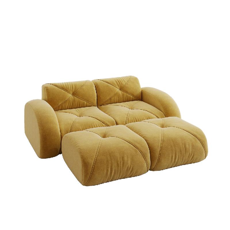 Merax Canapé modulaire 2 places avec 2 tabourets, canapé nuage avec accoudoirs ronds, chenille douce, sans cadre près du sol, canapé lounge, jaune_0