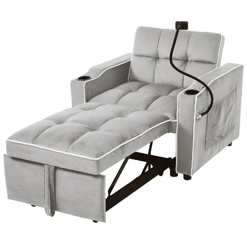 Merax fauteuil-lit 3 en 1 convertible, fauteuil relax et canapé-lit avec porte-gobelet, support téléphone, velours, gris clair - gris multi-matéri_0