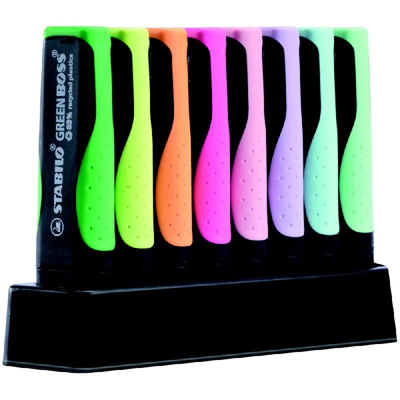 SURLIGNEURS POINTE BISEAUTEE PLASTIQUE RECYCLE STABILO GREEN BOSS - SET DE BUREAU DE 8 COLORIS ASSORTIS