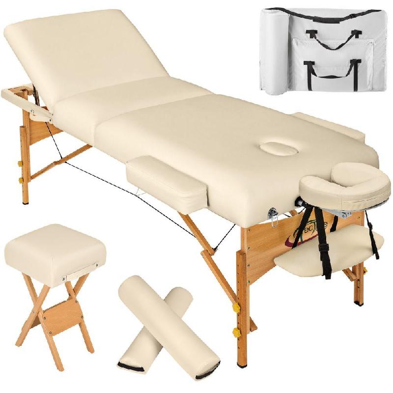 Table de massage pliante 3 zones - Beige avec tabouret, rouleau, housse et appui-tête ergonomique - Helloshop26 2008140_0