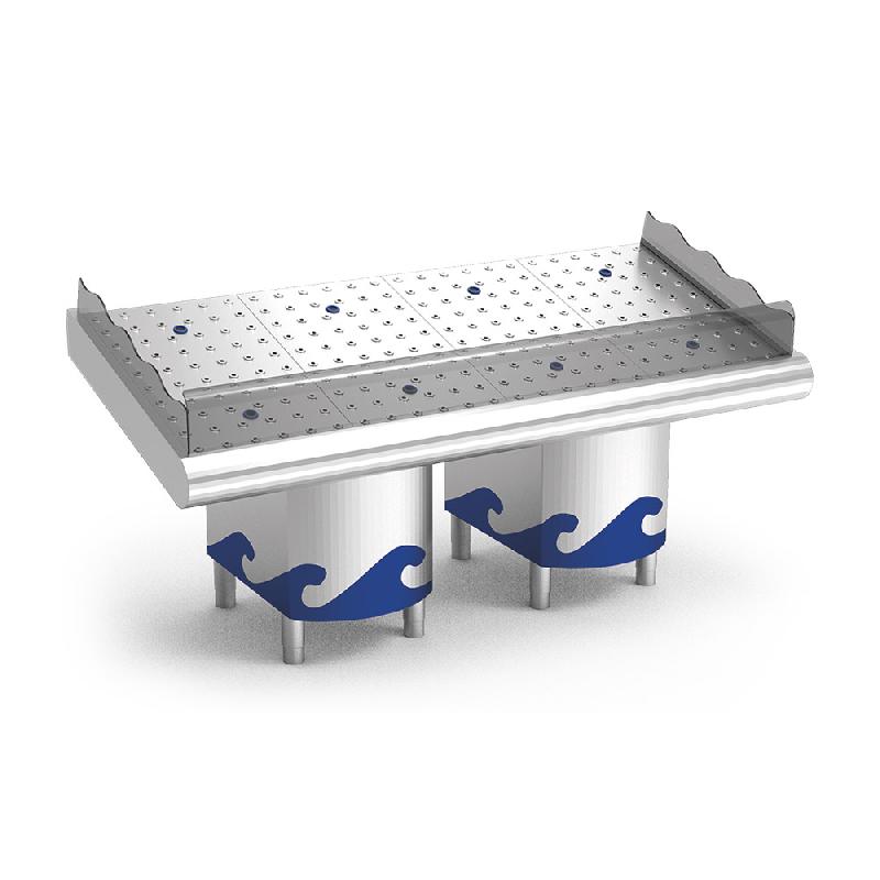 Étal à poisson inox 2 m avec support - P074440 - acier inoxydable avec protection alimentaire et plateaux perforés_0