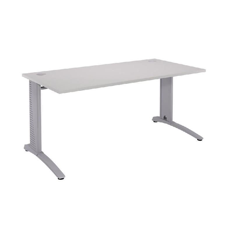 BUREAU DROIT BIOSPACE 2 - L. 140 X P. 80 CM - PLATEAU GRIS - PIEDS L ALUMINIUM - EMBASE 'FRAMBOISE'