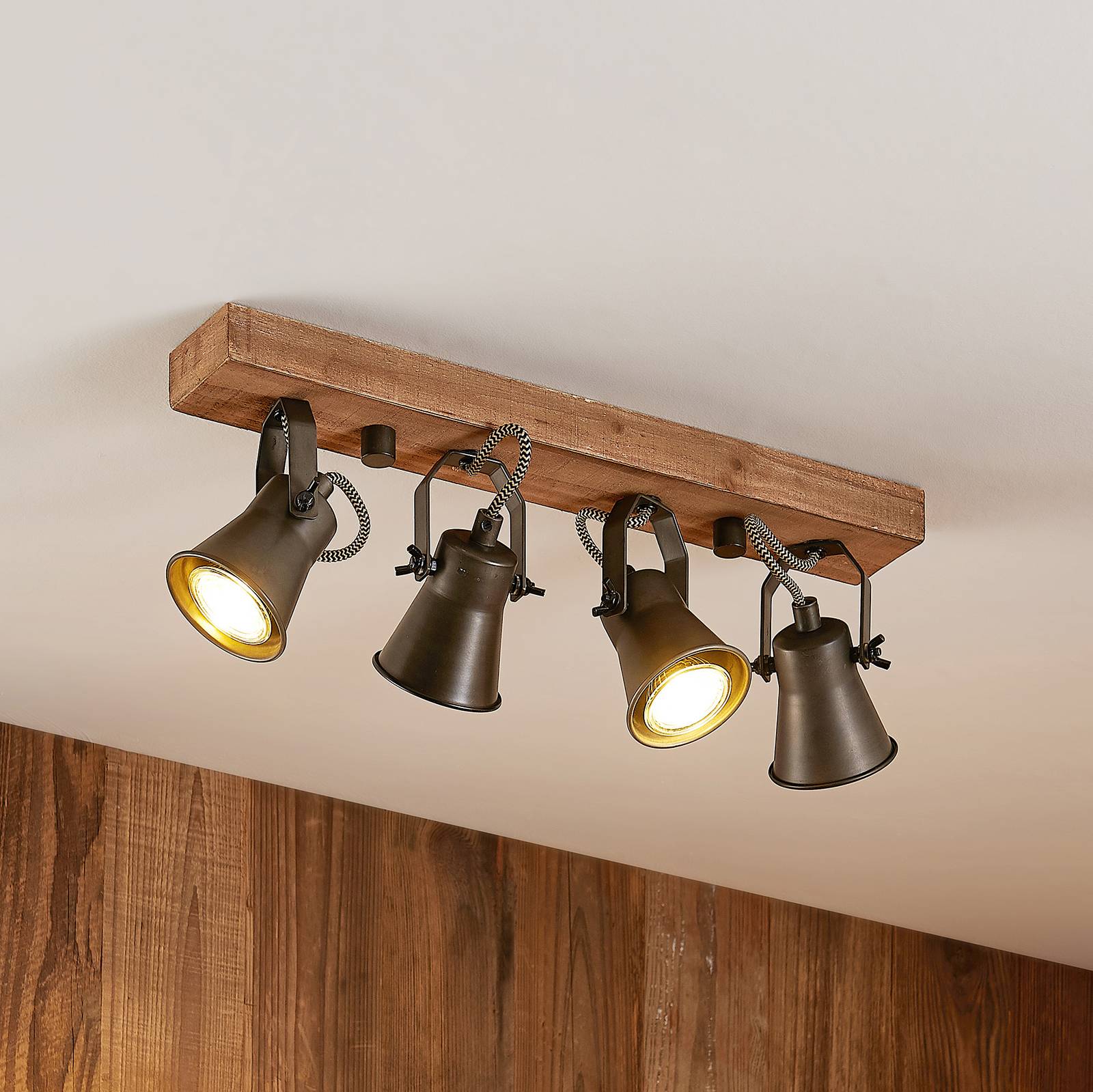 LINDBY SPOT POUR PLAFOND GRANDESA, 35 CM, 4 LAMPES, BOIS, MÉTAL