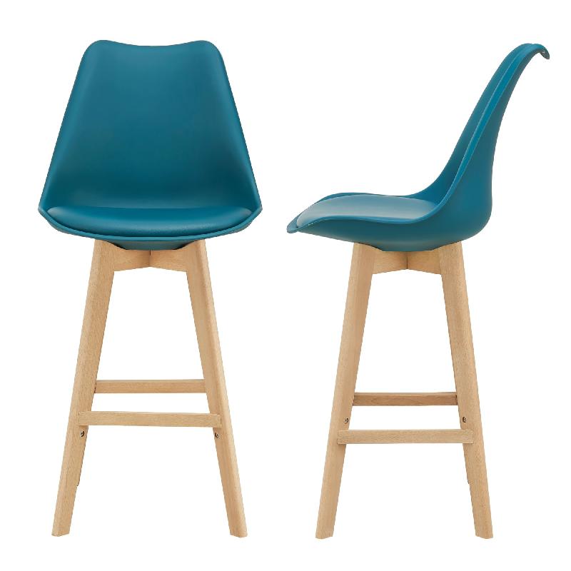 Lot de 2 tabourets de bar - siège rembourré en plastique synthétique avec pieds en hêtre - hauteur 105 cm - turquoise_0