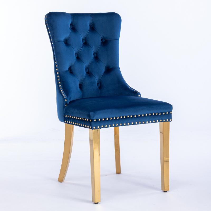 Merax Ensemble de 2 chaises rembourrées , chaise de salle à manger en velours, velours bleu + pieds en métal doré, avec surpiqûres de boutons et_0