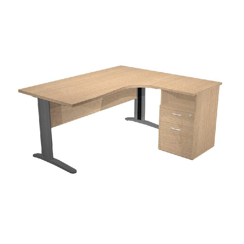 PACK PRONTO METAL - 1 BUREAU COMPACT RETOUR A DROITE CHENE - PIEDS L ANTHRACITE - 1 CAISSON HAUTEUR BUREAU PROF. 60 CM