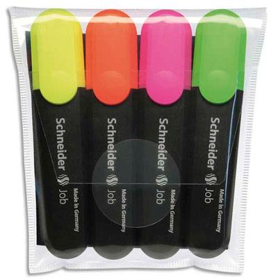 POCHETTE DE 4 SURLIGNEURS SCHNEIDER JOB 150 - POINTE BISEAUTEE - COLORIS ASSORTIS