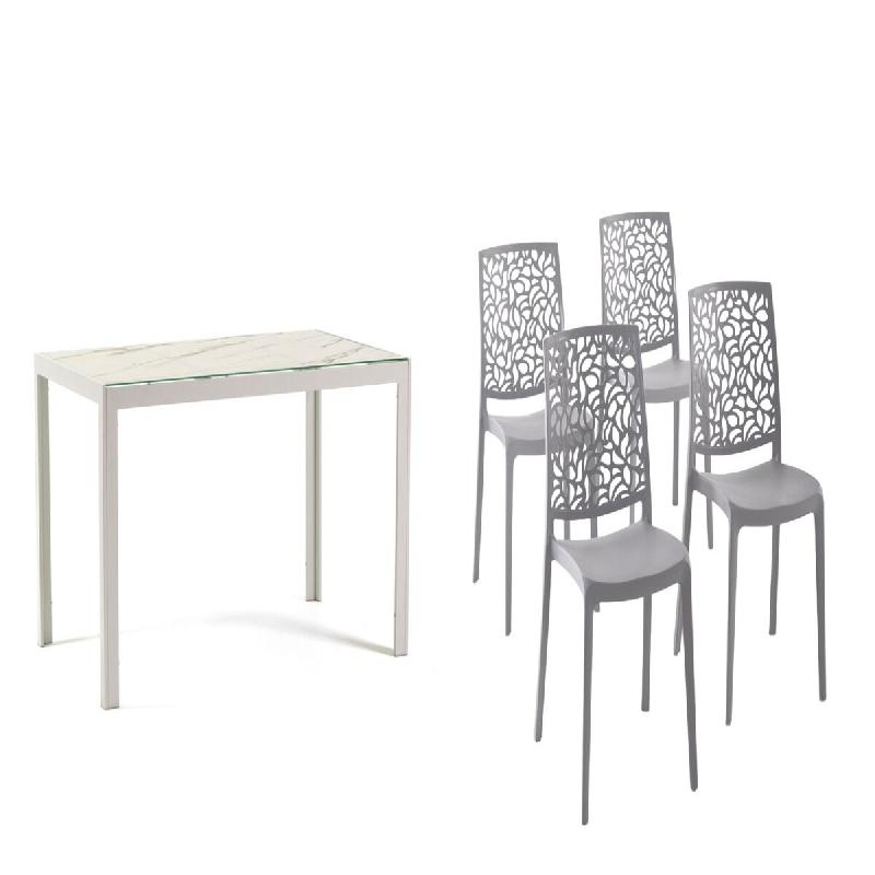 RATTATAN Set de repas intérieur et extérieur, table en aluminium, 4 chaises en polypropylène empilables, pour cuisine, jardin MILO+ANNA-Gris/Blanc/_0