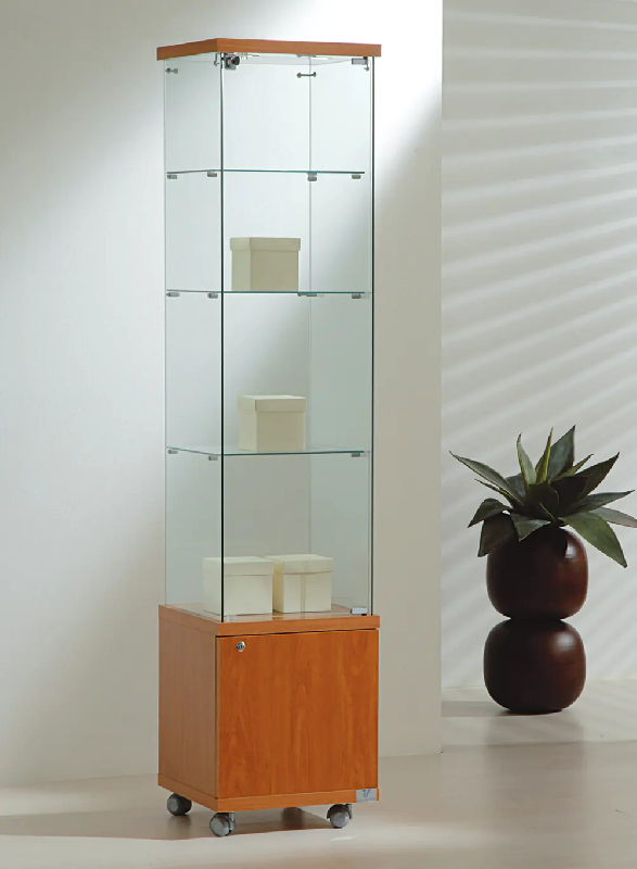 Vitrine colonne d'exposition en verre trempé - rangement éclairage 4/18LMVA - cerisier_0