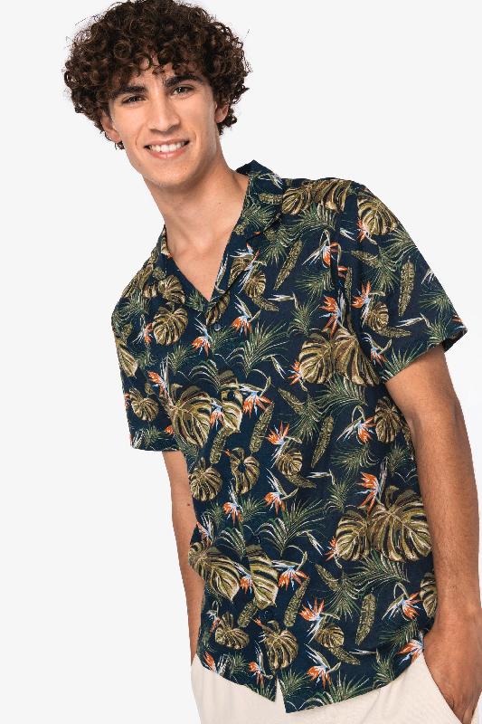 Chemise écoresponsable imprimé hawaïen homme - Native Spirit - Réf: NS529 - 62% lin et 38% coton biologique - Coupe ajustée, col bowling_0