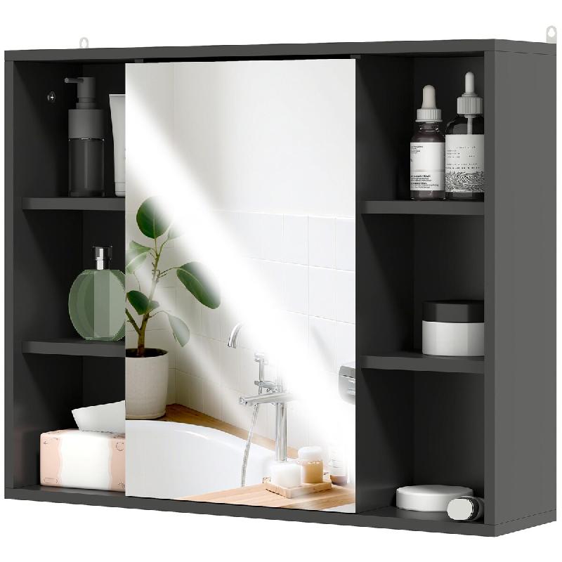 Helloshop26 - Armoire miroir mural salle de bain 60 x 14.5 x 49.4 cm rangement 6 niches et étagères design moderne épuré en MDF noir 21_0001868 -_0