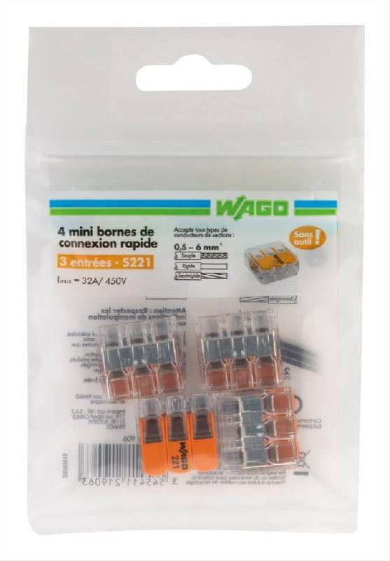 Lot de 4 bornes automatiques WAGO S221 - 6 mm² pour câbles rigides et souples_0