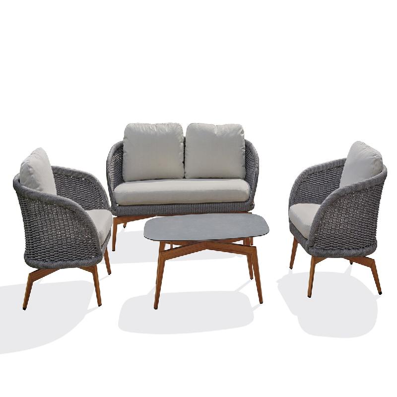 REMARQUABLE Salon bas de jardin 5 places en aluminium aspect bois et corde tissée coloris gris - MYNTA - 3700917630310_0