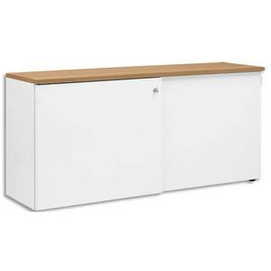 Gautier office crédence 2 portes coulissantes yes façade blanche et dessus merisier l160 x h75 x p45 cm_0