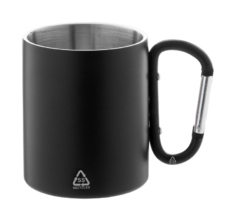 Mug thermos à double paroi en acier inoxydable recyclé - poignée mousqueton - 300 ml - couleur noire_0