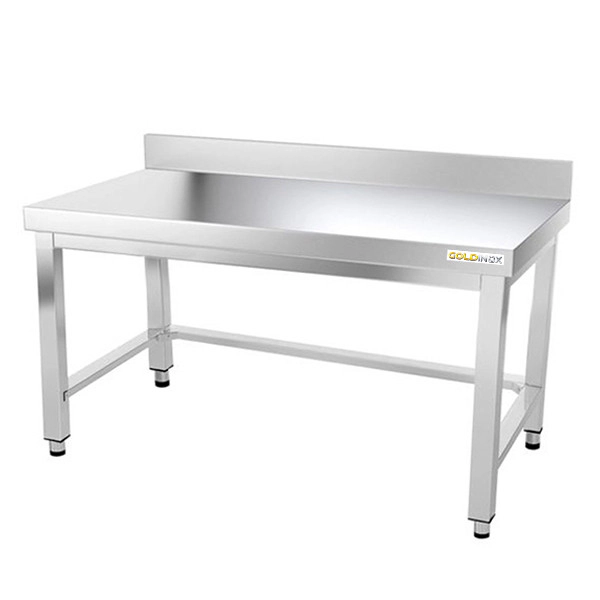 Table de travail en inox soubassement 1500 x 600 mm adossée avec renfort PREMIUM / GOLDINOX - inox 3701770803279_0
