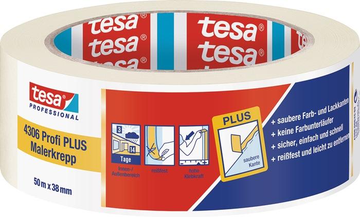 Bande de crêpon de peintre 4306 Profi PLUS légèrement crêpé beige clair longueur 50 m largeur 38 mm rouleau TESA_0