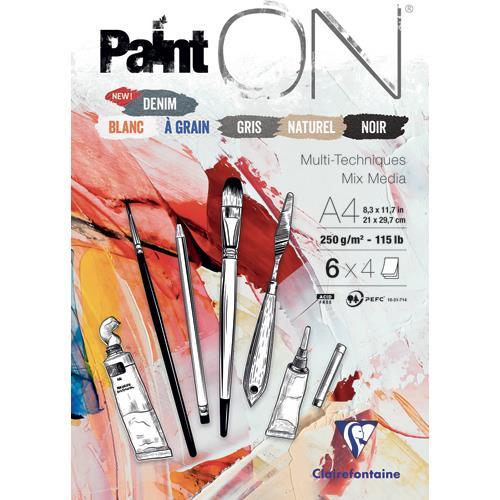 BLOC CLAIREFONTAINE PAINTON COLLE 24F - 250G - A4 - ASSORTIS 6X4 : BLANC, A GRAIN, GRIS, NATUREL, NOIR ET DENIM - LOT DE 4