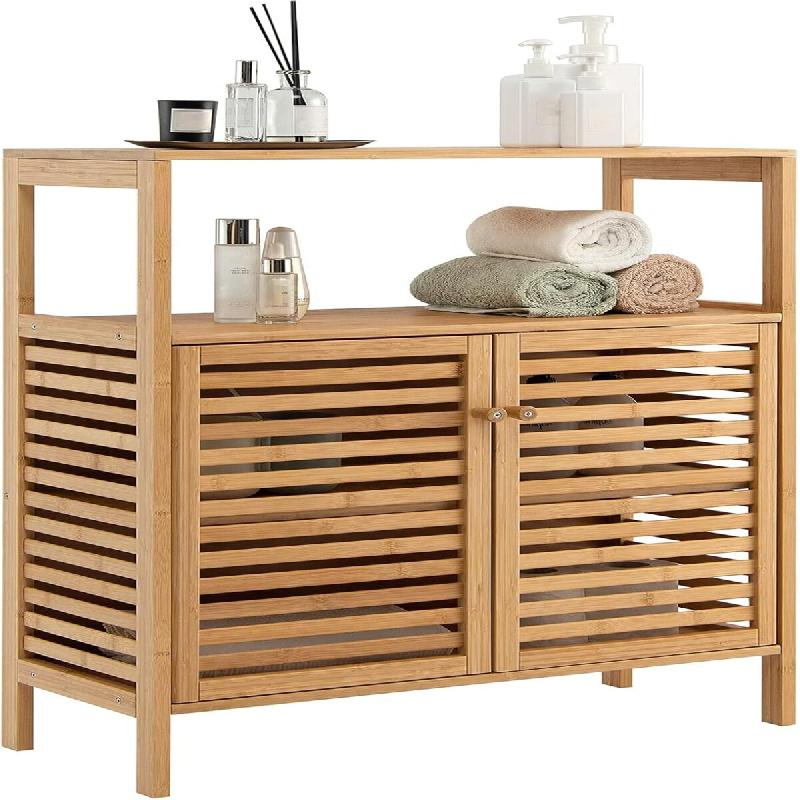 COSTWAY Meuble salle de bain bambou, 2 portes à lamelles, multifonction pour salle de bain, salon, cuisine, couloir, 64 x 27,5 x 80 cm - marron Bambo_0