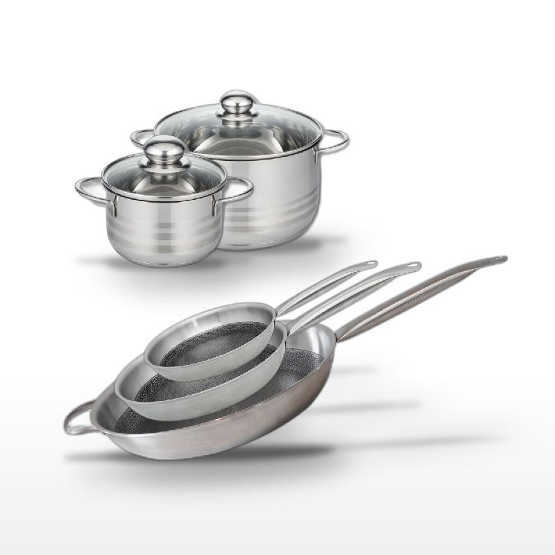 Lot 3 Poêles 24/28/32cm & 2 Faitouts 16/24cm Elo Relief Solution - gris 3176239942026_0
