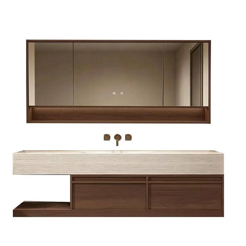 Meuble de Salle de Bain avec Vasque en Pierre Frittée, Meuble Suspendu et Armoire Miroir, 110×55 cm【RW016-110JG BKK】 - 0784931050166_0