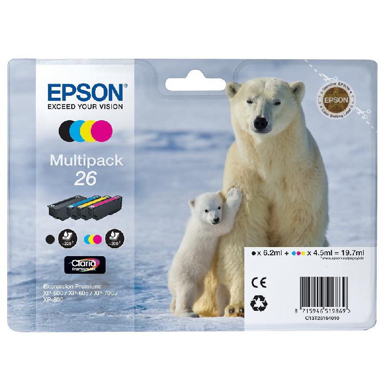 PACK DE 4 CARTOUCHES D'ENCRE EPSON 26 NOIRE ET COULEURS POUR IMPRIMANTES JET D'ENCRE