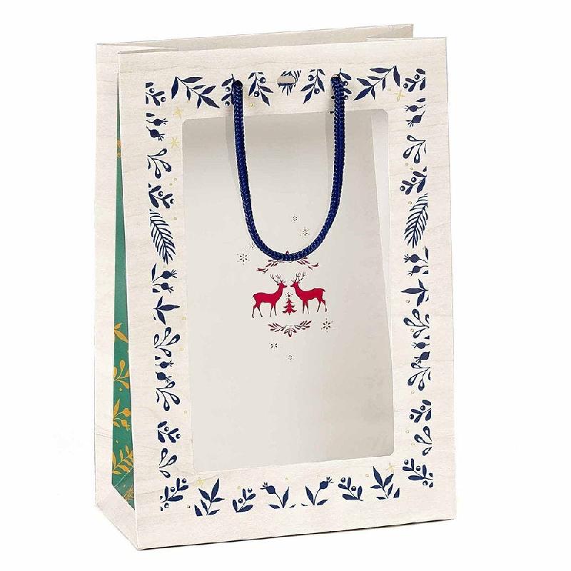 Sac papier décor Bonnes Fêtes effet bois fenêtre PVC 20x10x29cm par 12_0