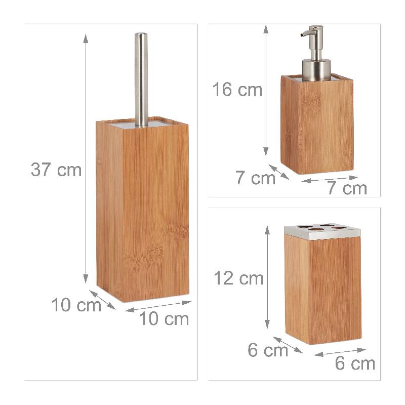 Set salle de bain 6 pièces - Distributeur, porte-savon, balai WC, porte-brosses à dents, support, poubelle en bambou - Réf : 13_0002519_0