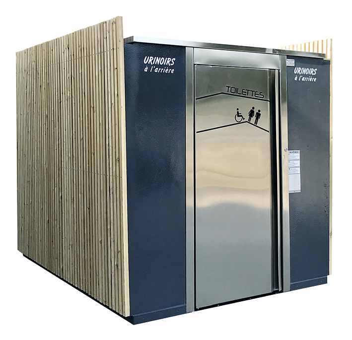 Toilette automatique - réf. 2080 - cabine WC PMR, urinoirs semi-extérieur, local technique, finition bois de mélèze_0