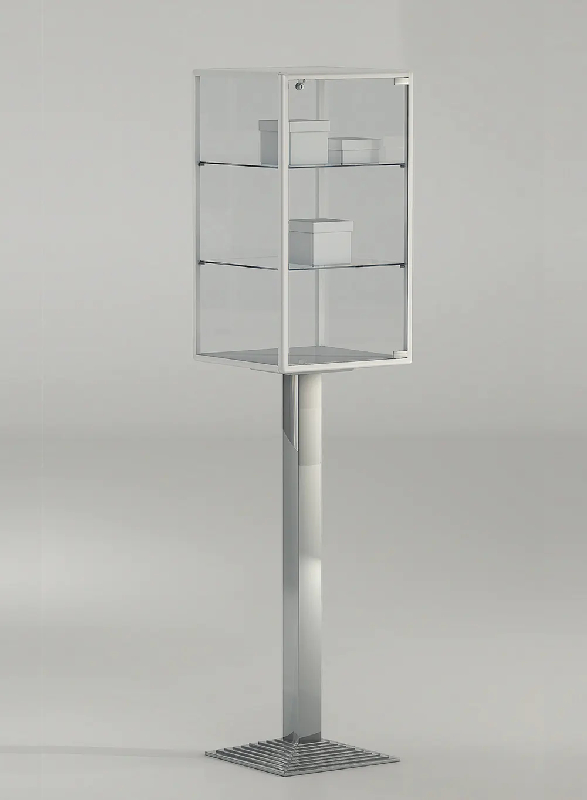 Vitrine d'exposition sur pied central 4-PFPVA - verre trempé, 2 tablettes amovibles, serrure intégrée_0