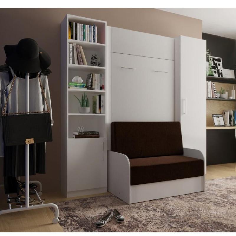 Composition lit escamotable Dynamo Sofa - Accoudoirs blancs - Tissu marron - Couchage 90x200 cm - L : 205 cm_0