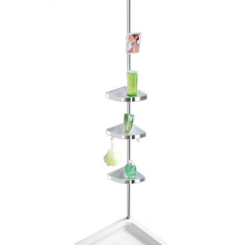 ÉTAGÈRE DE DOUCHE TÉLESCOPIQUE ANGLE 3 TABLETTES 2 CROCHETS ET MIROIR - BRILLANT WENKO